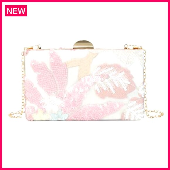 Embroidered Sequin Evening Clutch with Detachable Chain, 7.6x4.7 Inches